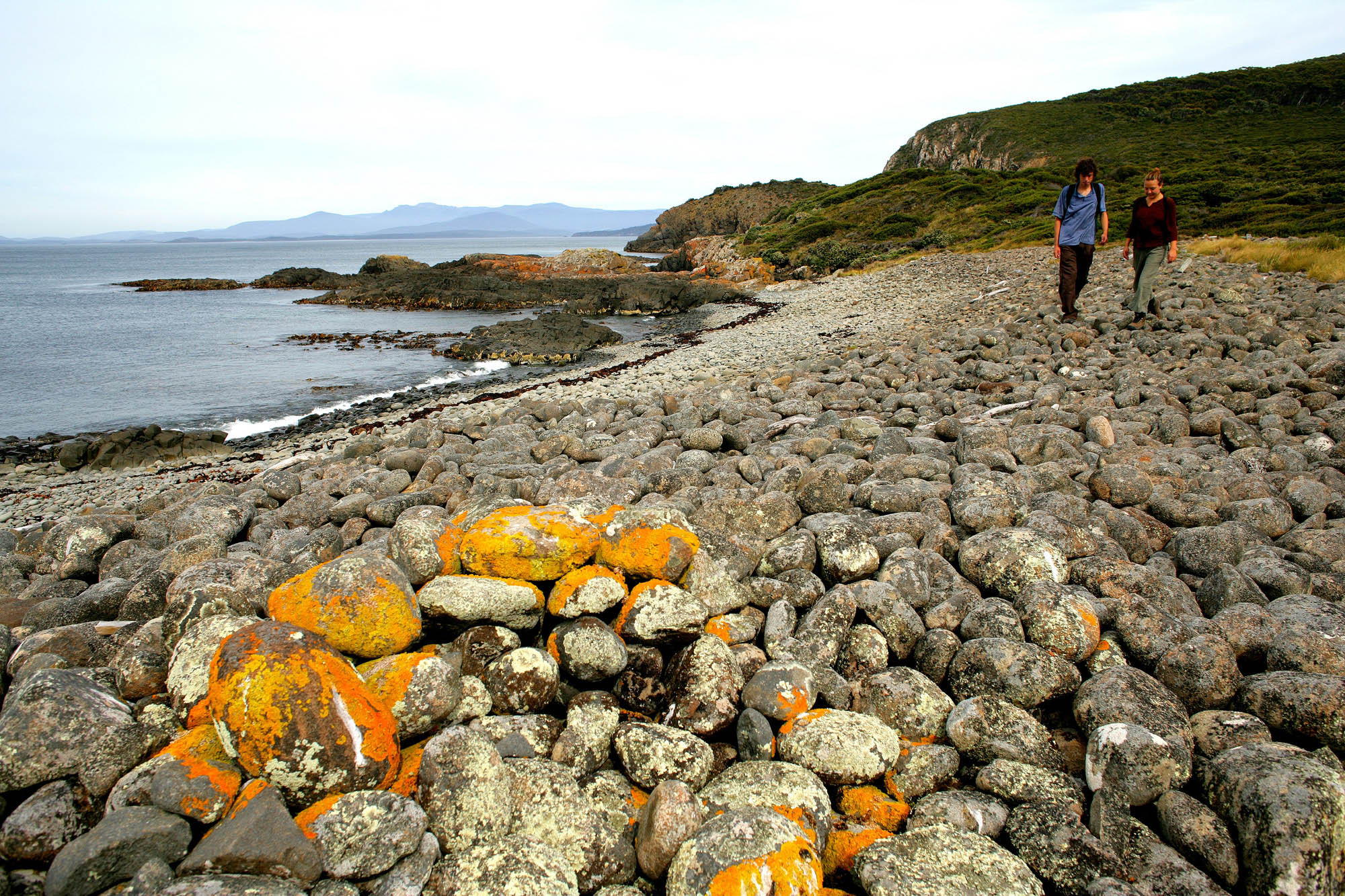 Couple walking on rocky shore, South Bruny National Park